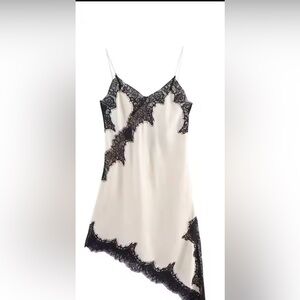 Lace Camisole Sleeveless Top Cream Satin Asymmetrical Hem Black Lace Trim Sz S